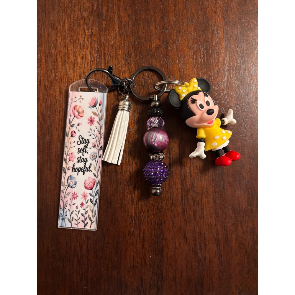 Mouse Keychain Charm Stay Soft Stay Hopeful Floral Tassel Purple Beads